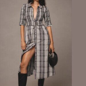 Anthropologie Maeve Plaid Black White Smocked Short Sleeve Women's Dress  XL